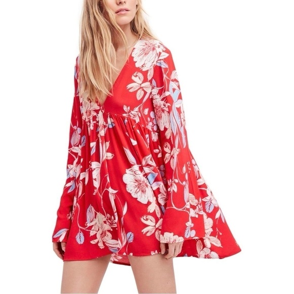 Free People Bella Red Floral Print Tunic Mini Dress Sz.  XS - Picture 4 of 15